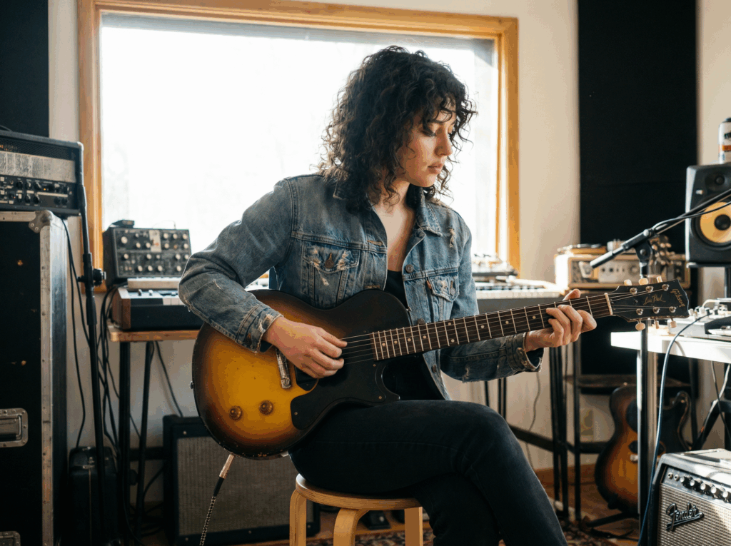 young woman playing a gibson les paul junior